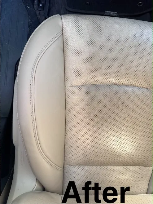 The same car seat after the side bolster was re-sewn in a matching vinyl
